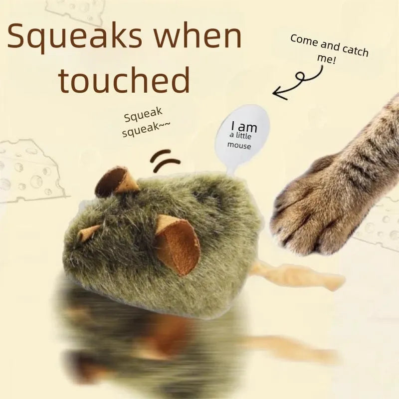 Plush mouse cat toy with tail and internal squeaking chirp, flannel interactive kitten toy for chasing and batting