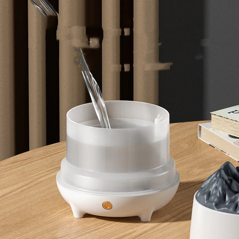 Volcano-shaped ultrasonic humidifier with circular design and USB cable