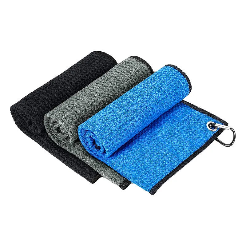 Waffle-textured golf ball cleaning cloth shown in a choice of colours and sizes.