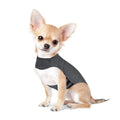 Heather grey dog anxiety jacket in brocade cotton ponte-de-roma fabric showing weight-based sizing options