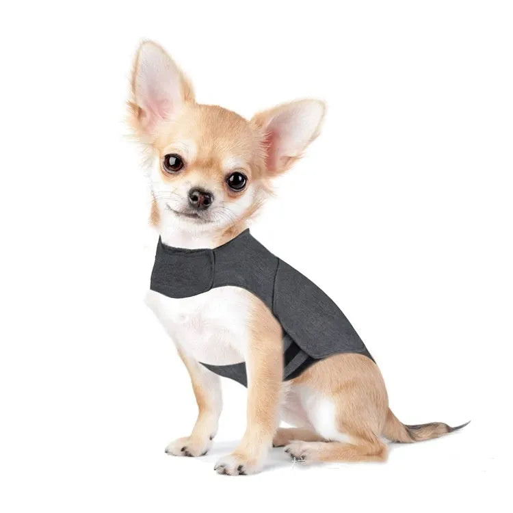 Heather grey dog anxiety jacket in brocade cotton ponte-de-roma fabric showing weight-based sizing options