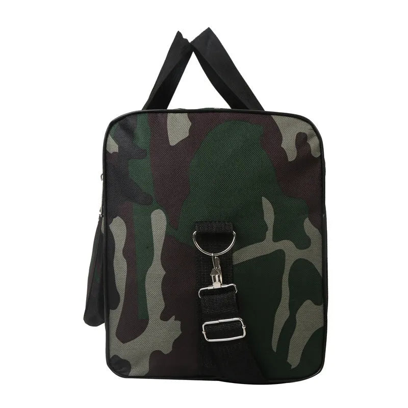 Camouflage pattern waterproof luggage bag with striped interior lining showing under 20L capacity