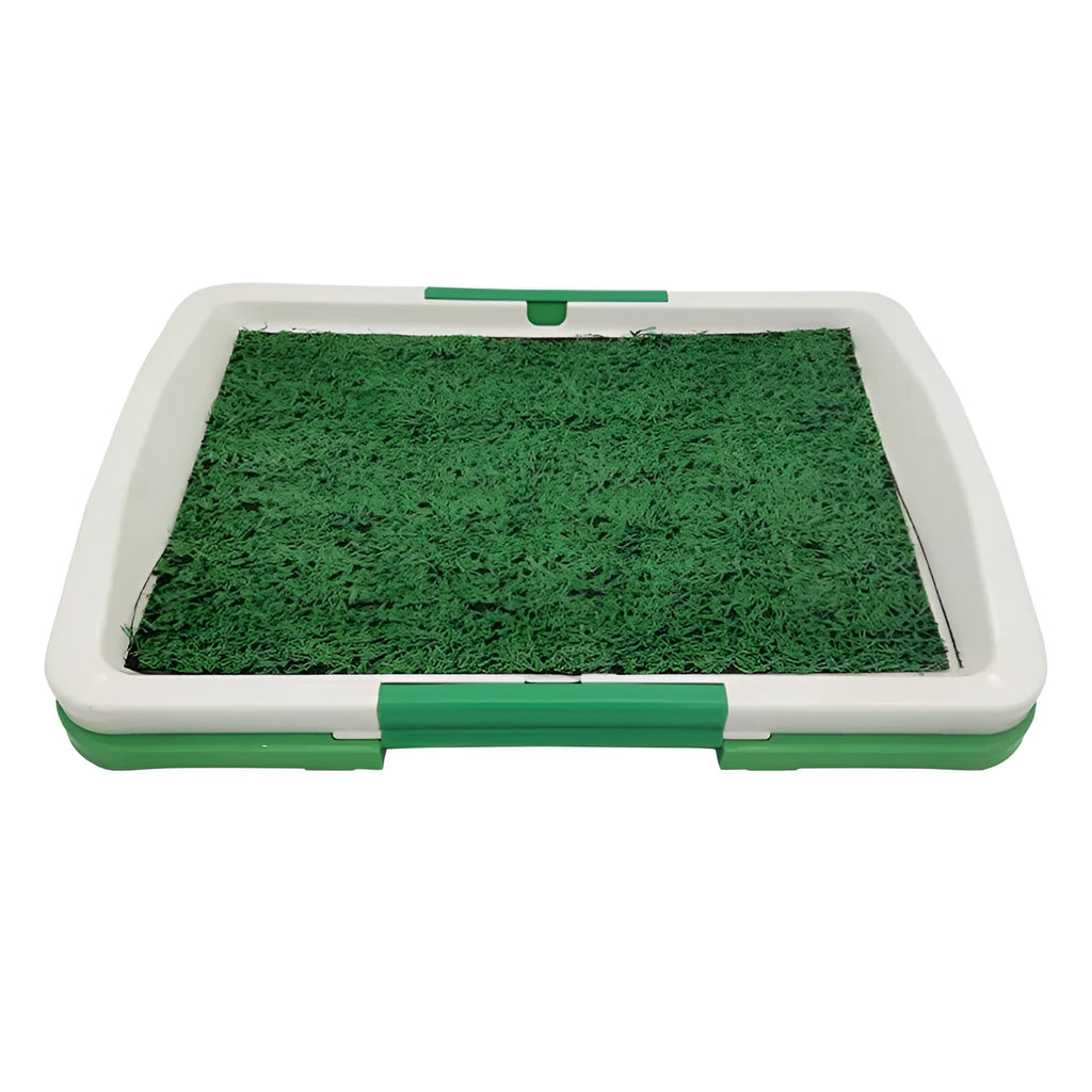 Green synthetic turf dog toilet training tray with removable plastic waste container