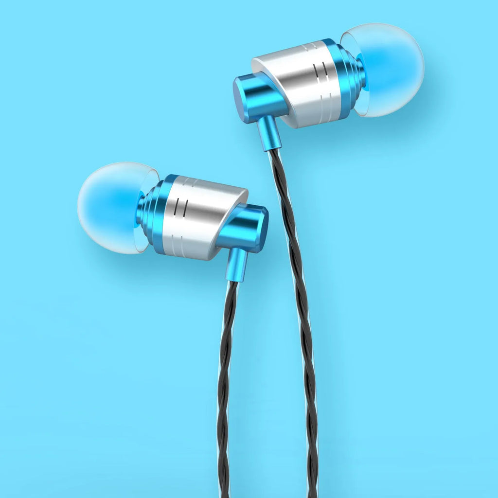 3.5mm wired in-ear headphones with detachable microphone in black, blue, or red colours showing 10mm drivers and TPE cable