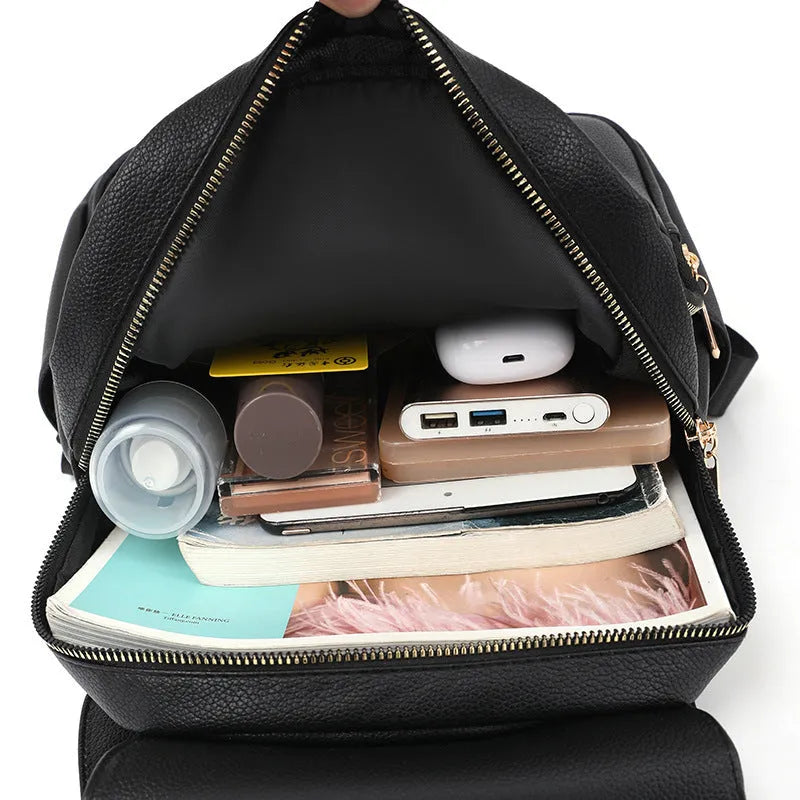 Women's soft PU leather backpack with three-dimensional pockets in street style
