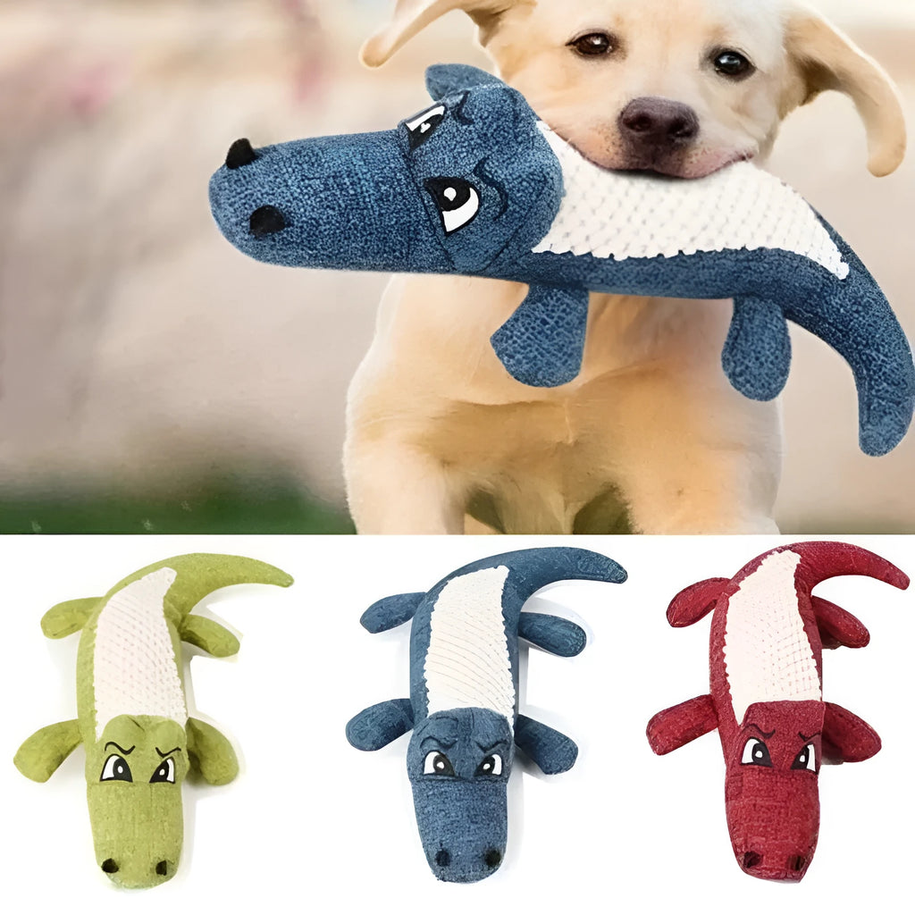 Blue, green, and red plush pet toys with a corn grid texture for chewing