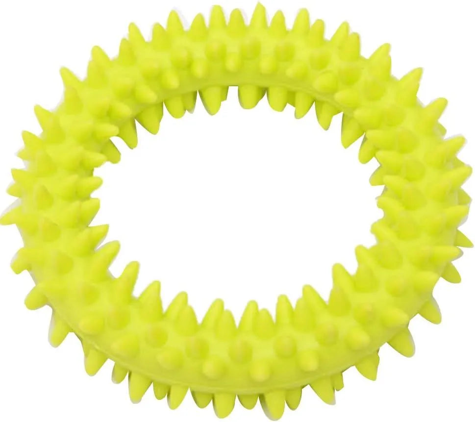 Blue TPR spiky circle ring dog chew toy for dental cleaning on a white background.
