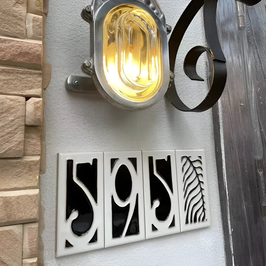 Handmade ceramic retro doorplate with enamel art finish showing house number design