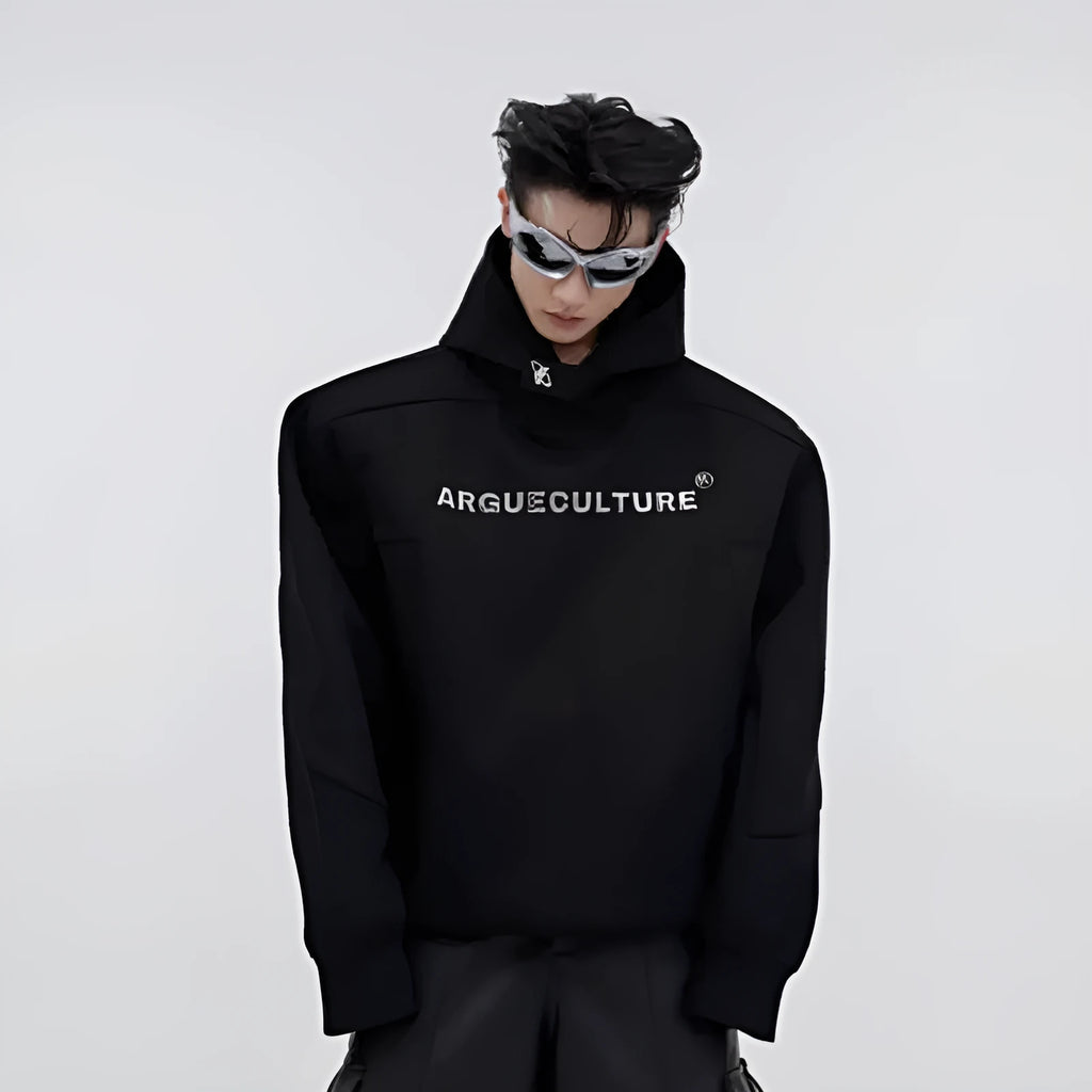 Men's black hooded sweater with metal three-dimensional printing and structural shoulder pads