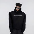 Men's black hooded sweater with metal three-dimensional printing and structural shoulder pads