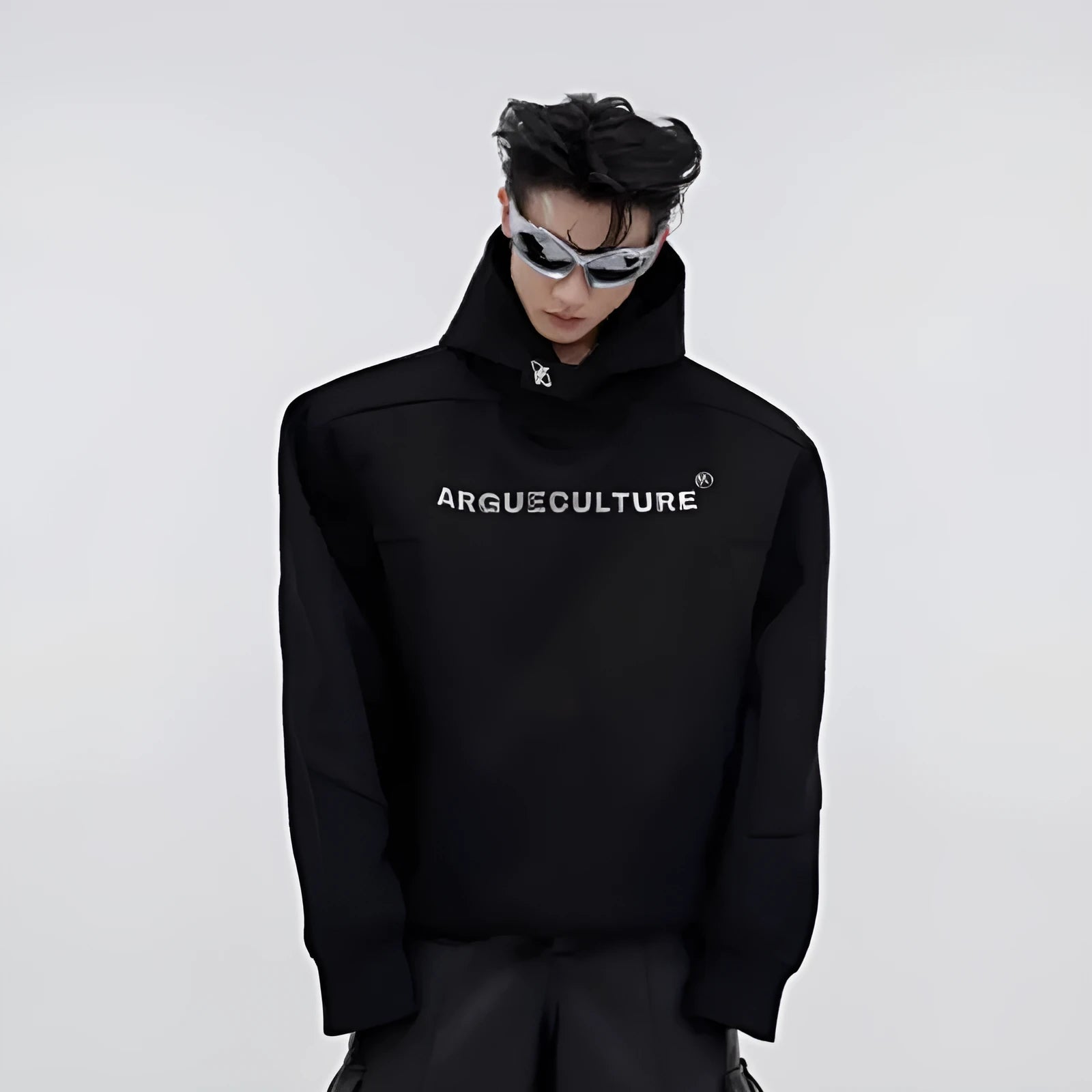 Men's black hooded sweater with metal three-dimensional printing and structural shoulder pads