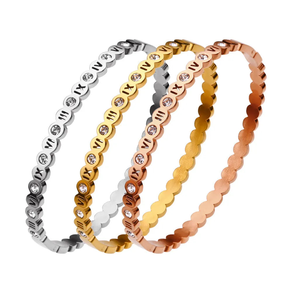 Korean style titanium steel bracelet with number detail in gold, rose gold, or steel colour.
