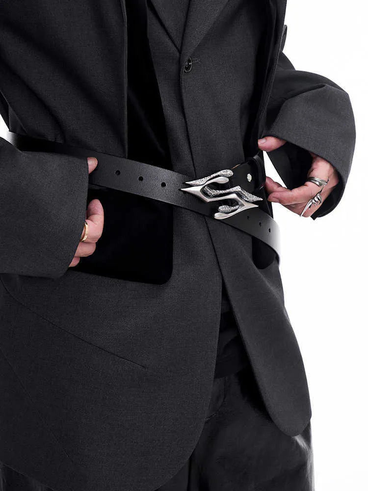 Men's black leather belt with metal letter buckle showing two-layer cowhide construction