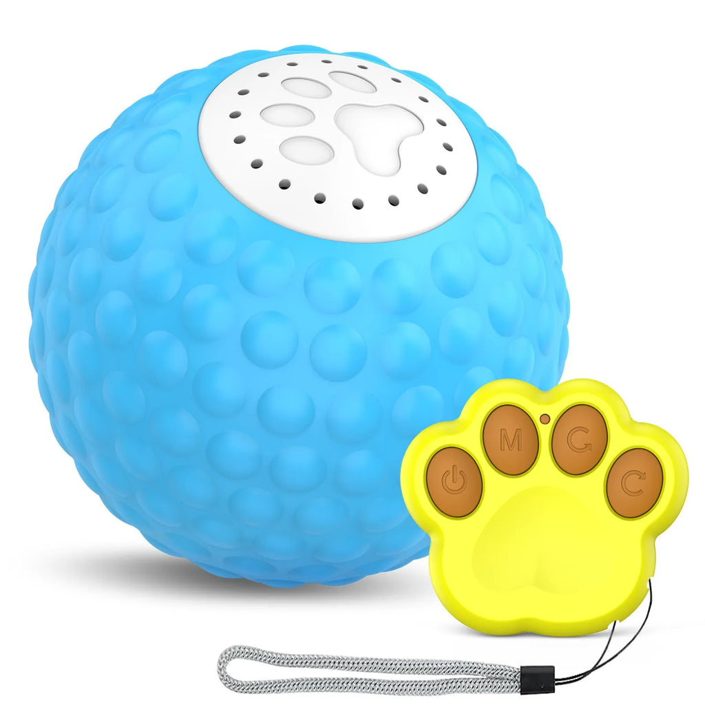 Blue remote control cat toy ball on a wooden floor next to its remote.