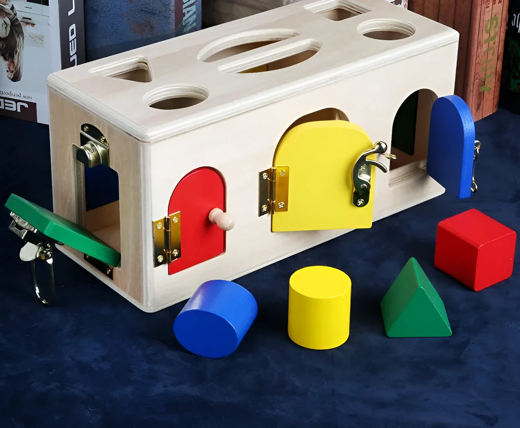 Wooden educational shape sorting box with 12 matching blocks for preschool children