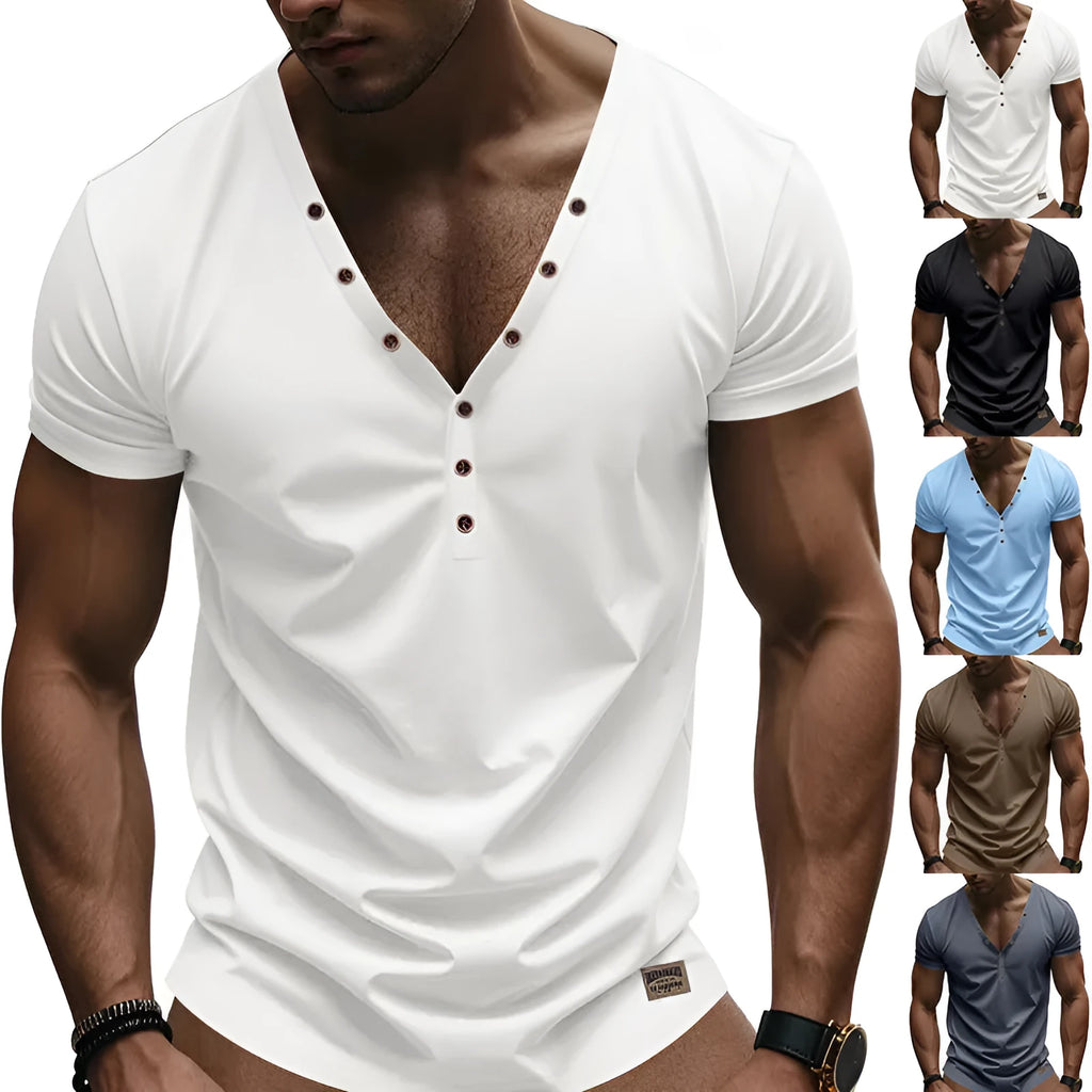 Men's loose solid colour V-neck long sleeve pullover top with button detail.