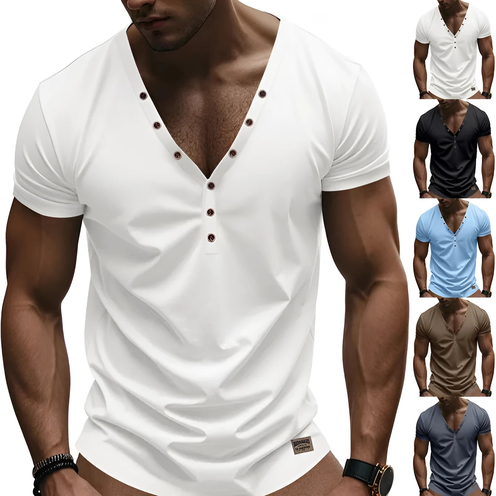 Men's loose solid colour V-neck long sleeve pullover top with button detail.
