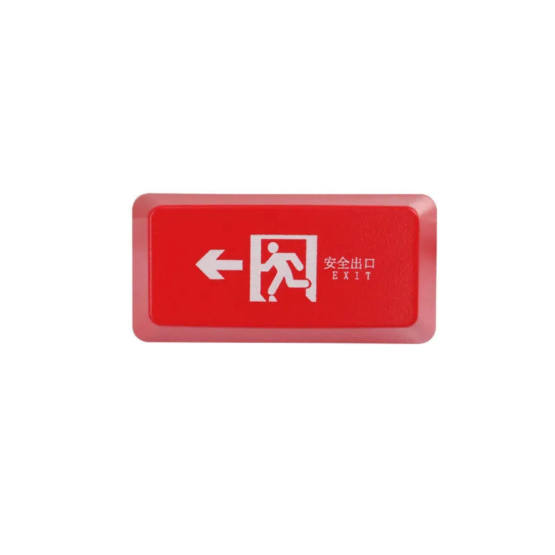 Transparent mechanical keyboard key cap with red safety evacuation exit symbol for backspace key.