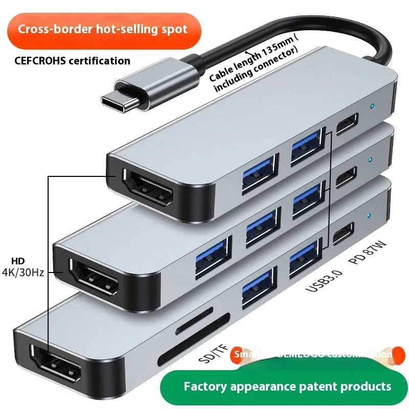 Portable aluminium 6-in-1 USB-C expansion dock for laptops and tablets
