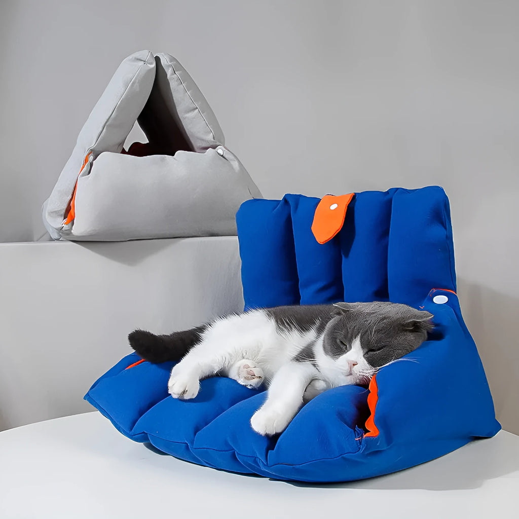 Triangular blue cat nest with drilled holes for combination, removable cotton cover