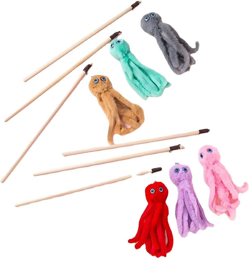 Octopus design cat toy with long stick in bright colours for indoor kitten play