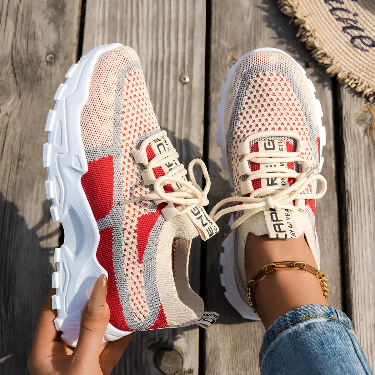 Women's Flyknit mesh lace-up running sneakers in multiple colour options with rubber sole