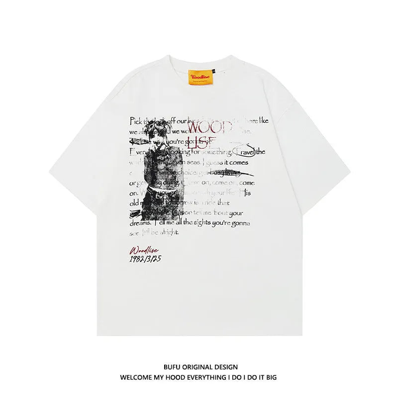 Men's black loose fit cotton t-shirt with white printed letter design and raglan short sleeves