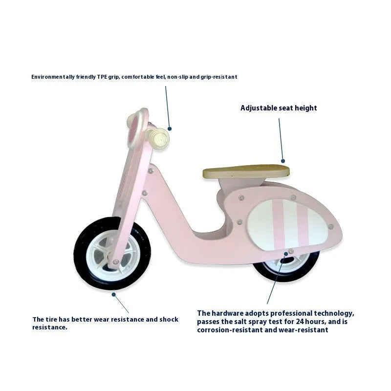 Pink wooden balance scooter with 10-inch wheel for toddlers and children aged 1-6 years