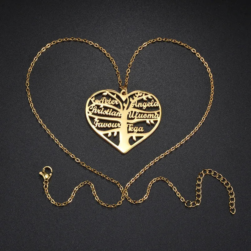 Custom stainless steel name necklace with hollow heart and tree pendant on an adjustable chain in silver tone