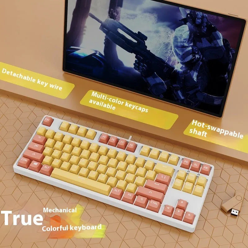 87-key wired mechanical keyboard with hot-swappable switches showing two-tone colour options