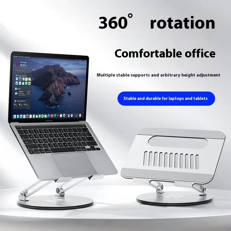 Silver aluminium alloy rotatable laptop stand with height adjustment and foldable design