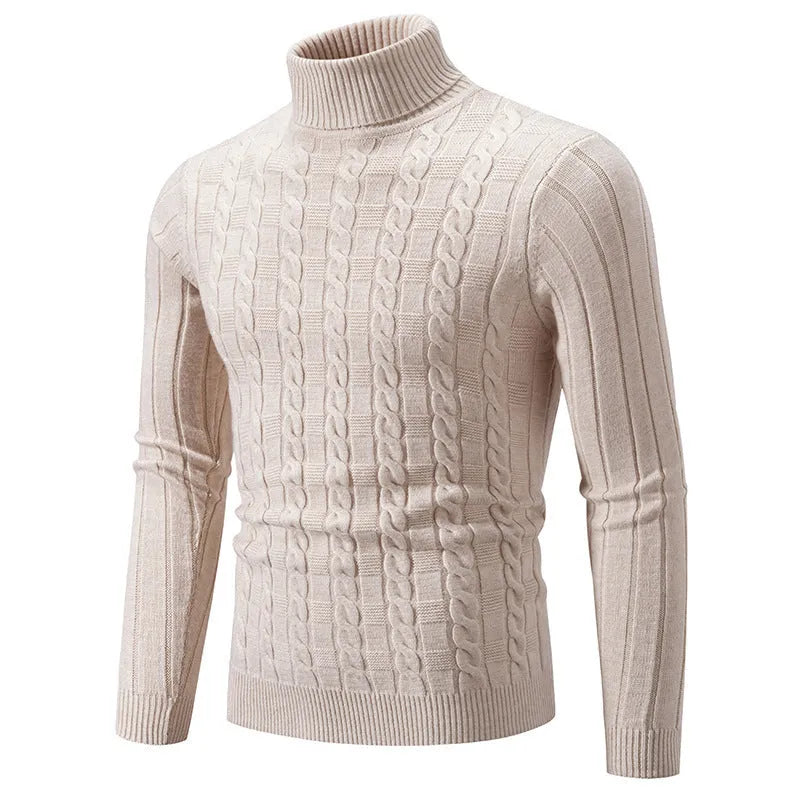 Man wearing a slim fit beige chenille turtleneck sweater for casual wear.