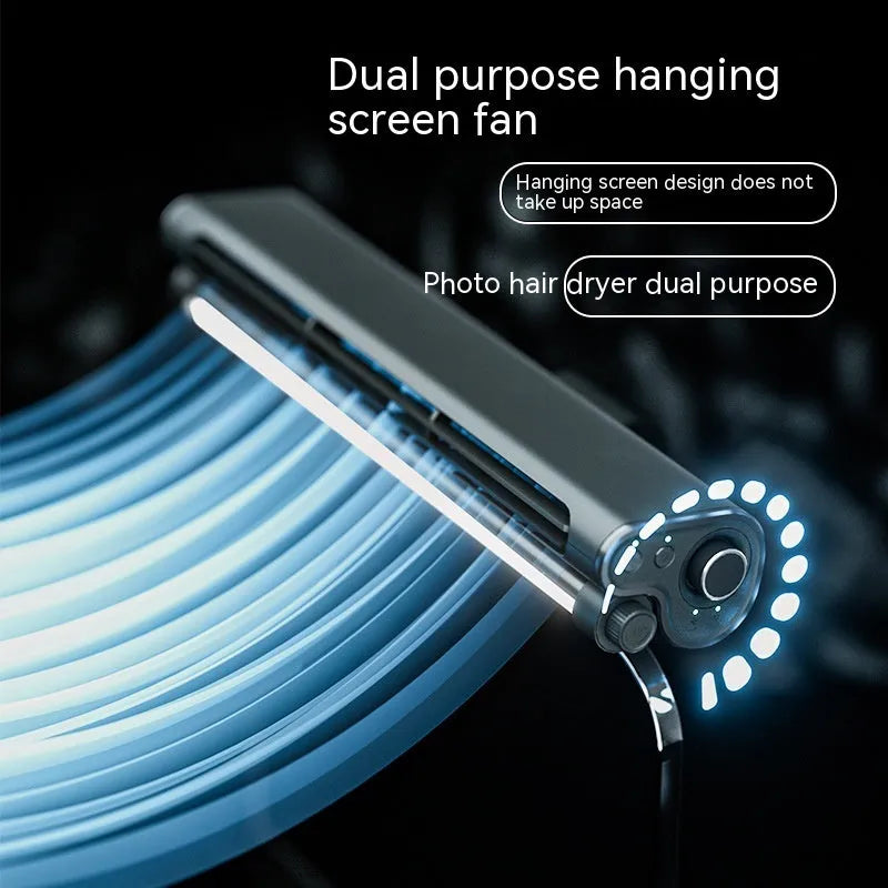 Black USB-powered bladeless clip-on fan with LED light attached to laptop screen