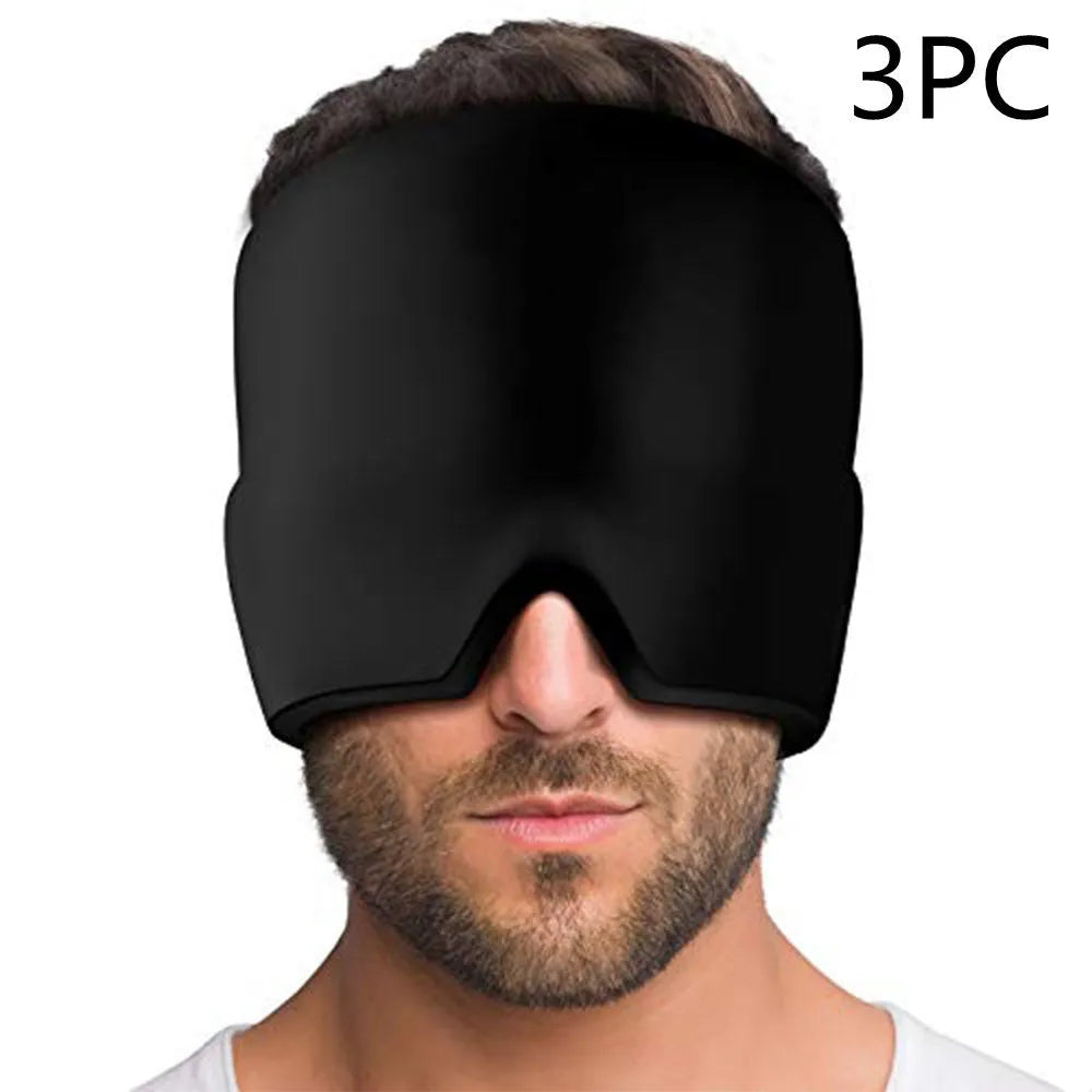 Black elastic cloth gel cooling eye mask for headache relief, shown with adjustable strap.