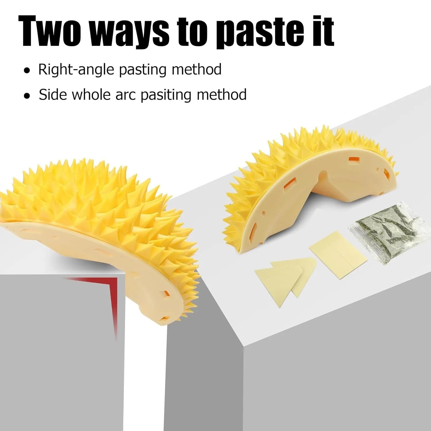 Yellow durian-shaped cat corner scratcher and grooming toy mounted on a wall.
