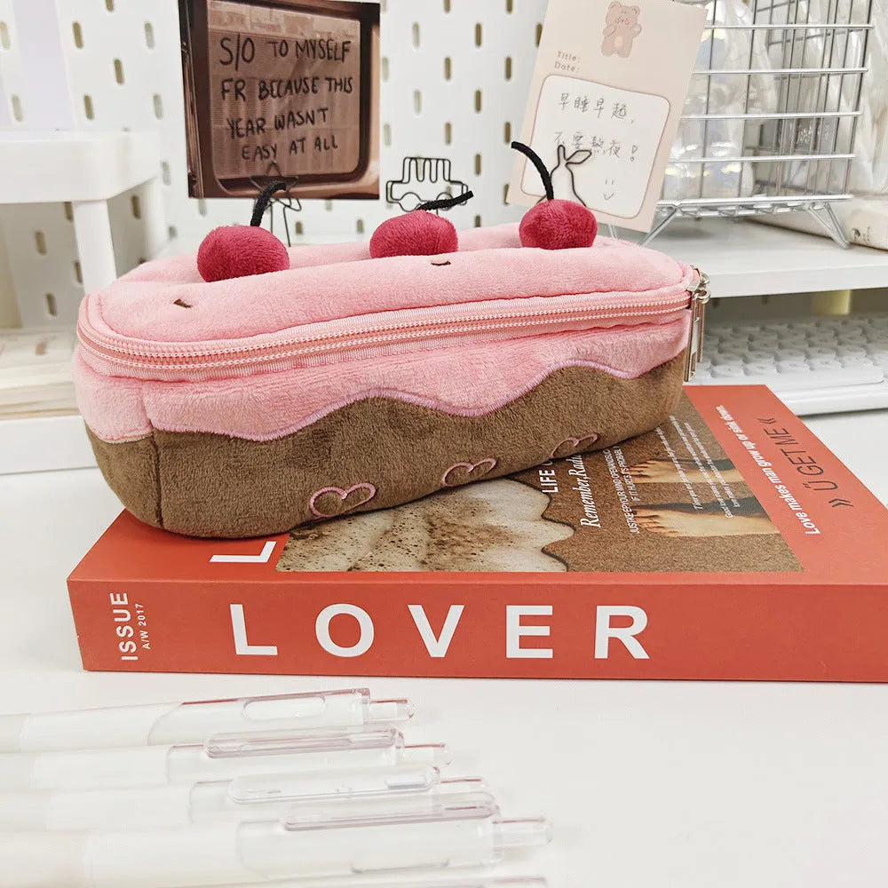 Cherry Cake coloured velvet pencil bag with Korean style design for pen storage