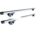 Alloy roof rack crossbars for a General Motors SUV, shown with adjustable length and mounting hardware.
