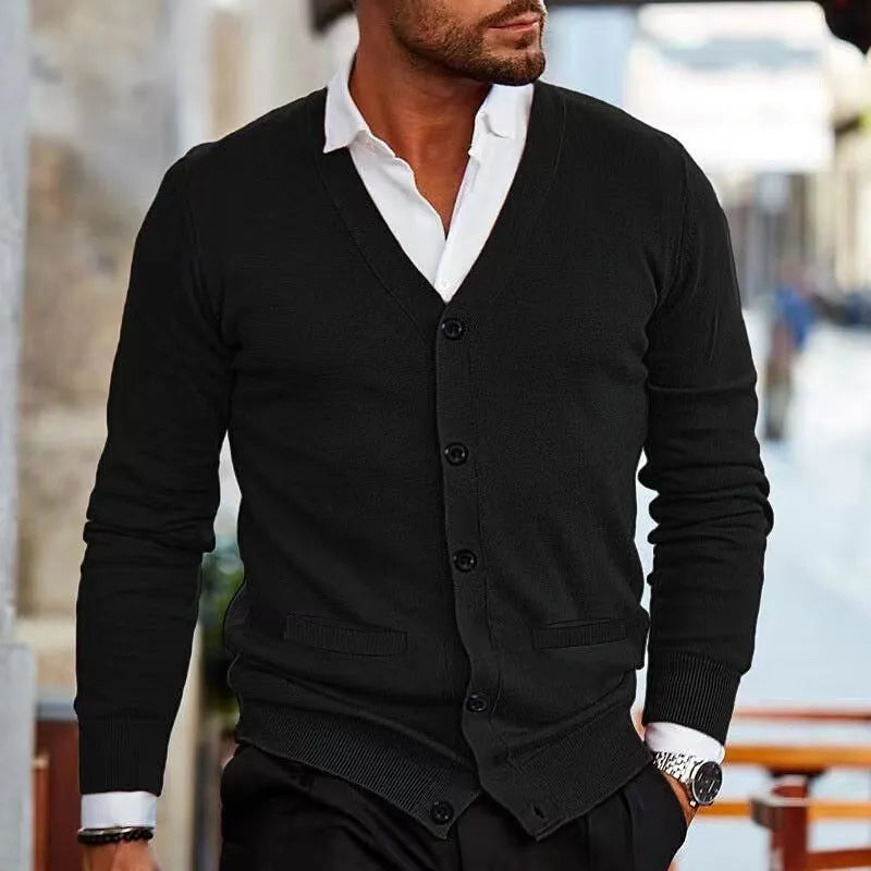 Men's slim-fit acrylic cardigan sweater coat in a choice of six colours.