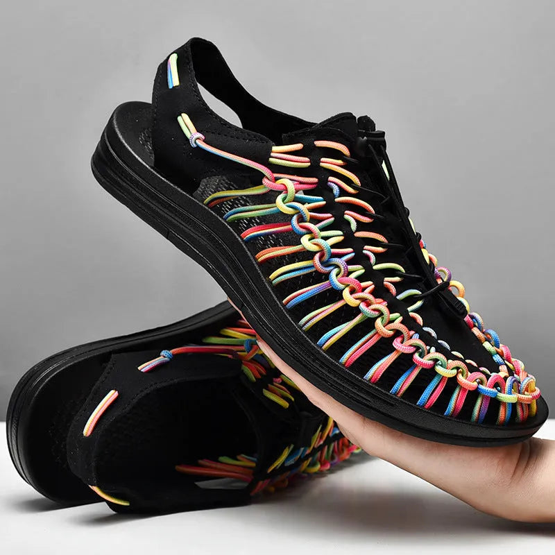 Woven Roman-style sandals with elastic drawstring tie and non-slip rubber sole