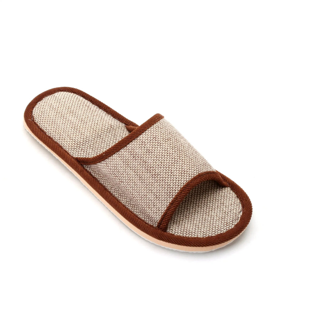 Women's open toe slippers in linen and cotton with thickened sole in dark coffee and pure gray colors