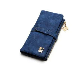 Korean retro matte leather long wallet open showing card slots, phone pocket, and two-fold design