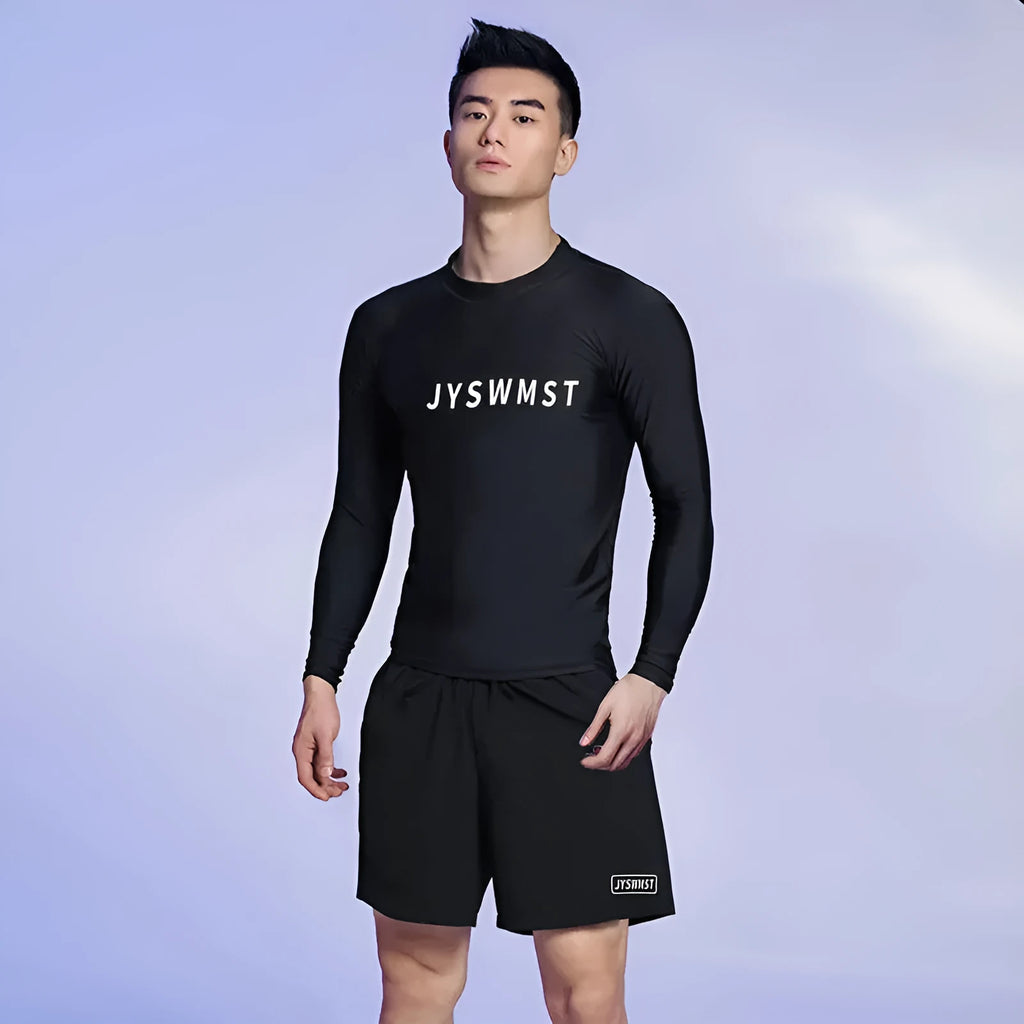 Men's plus size polyester swimsuit set showing top and swimming trunks in various patterns and colours