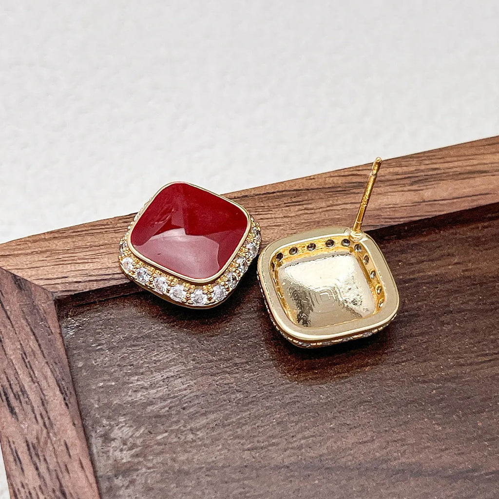 Red alloy geometric square earrings with a retro inlaid design for women