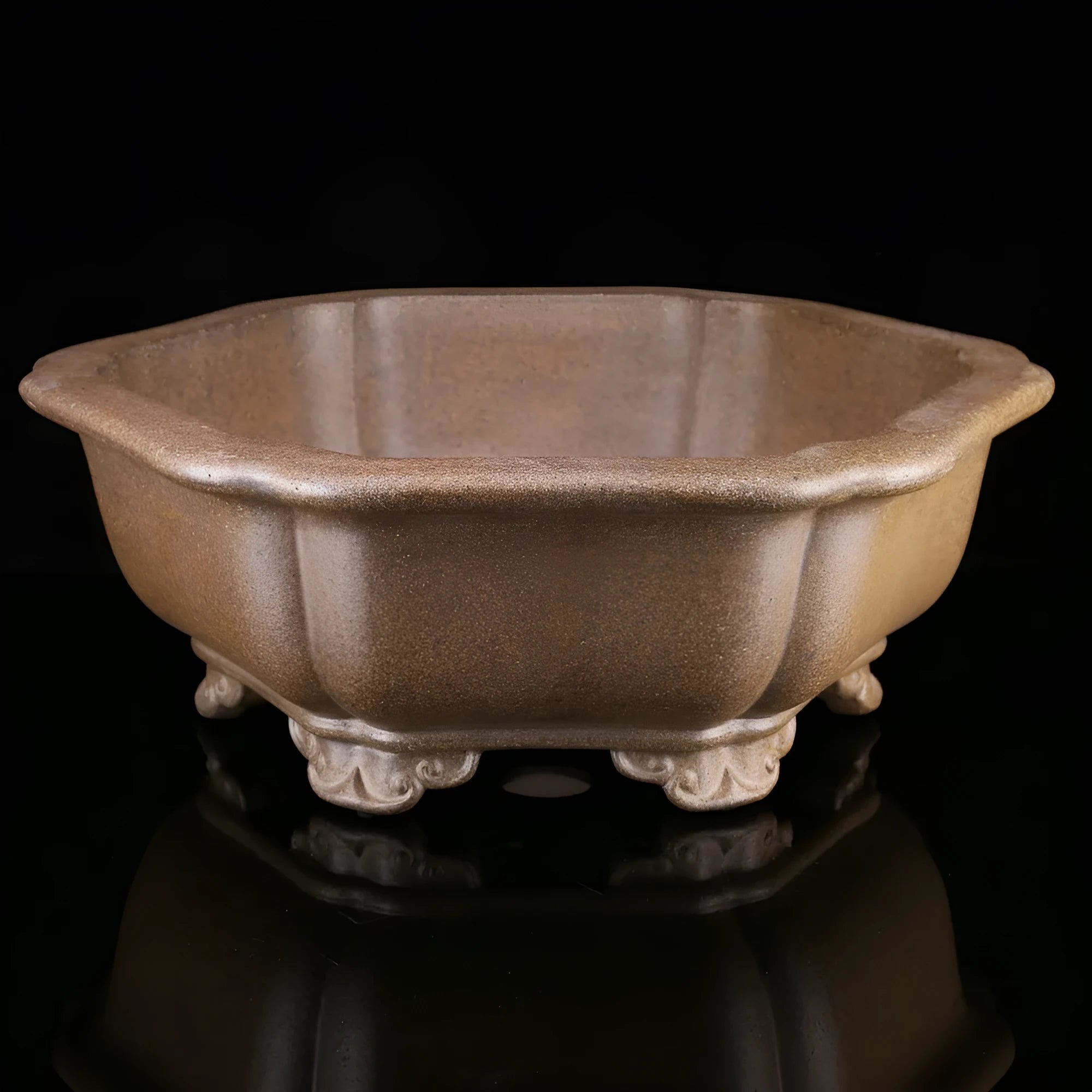 Large handmade purple sand bonsai pot in hexagonal or begonia shape for pine trees.