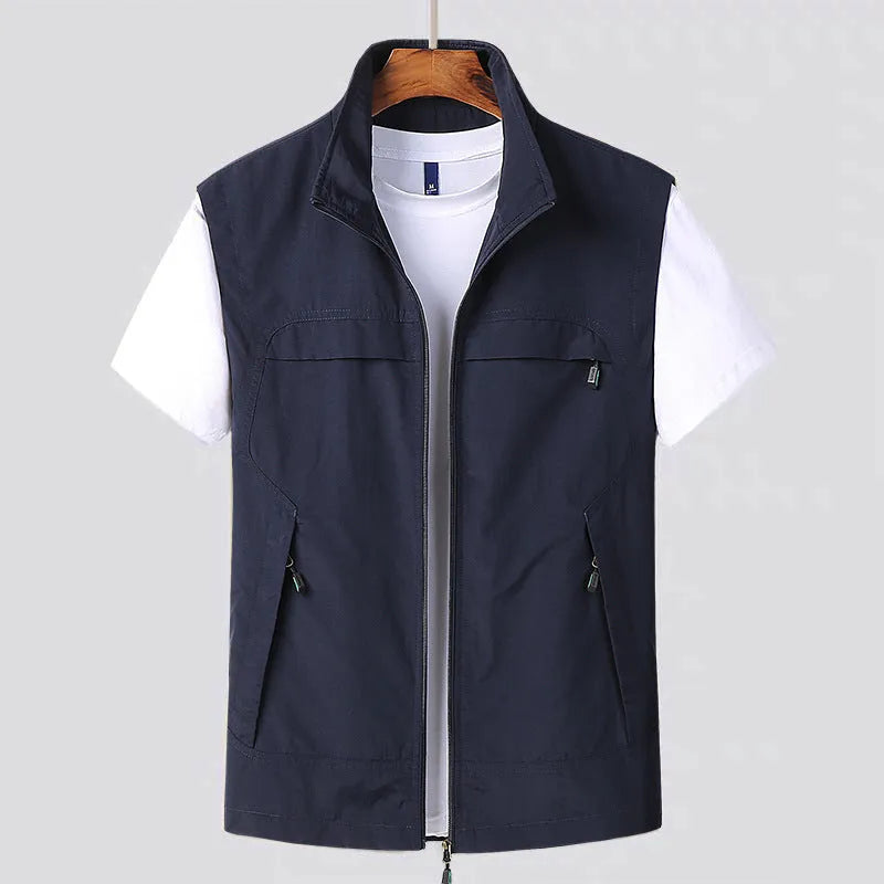 Men's striped waterproof hooded vest with multiple patch pockets in khaki colour