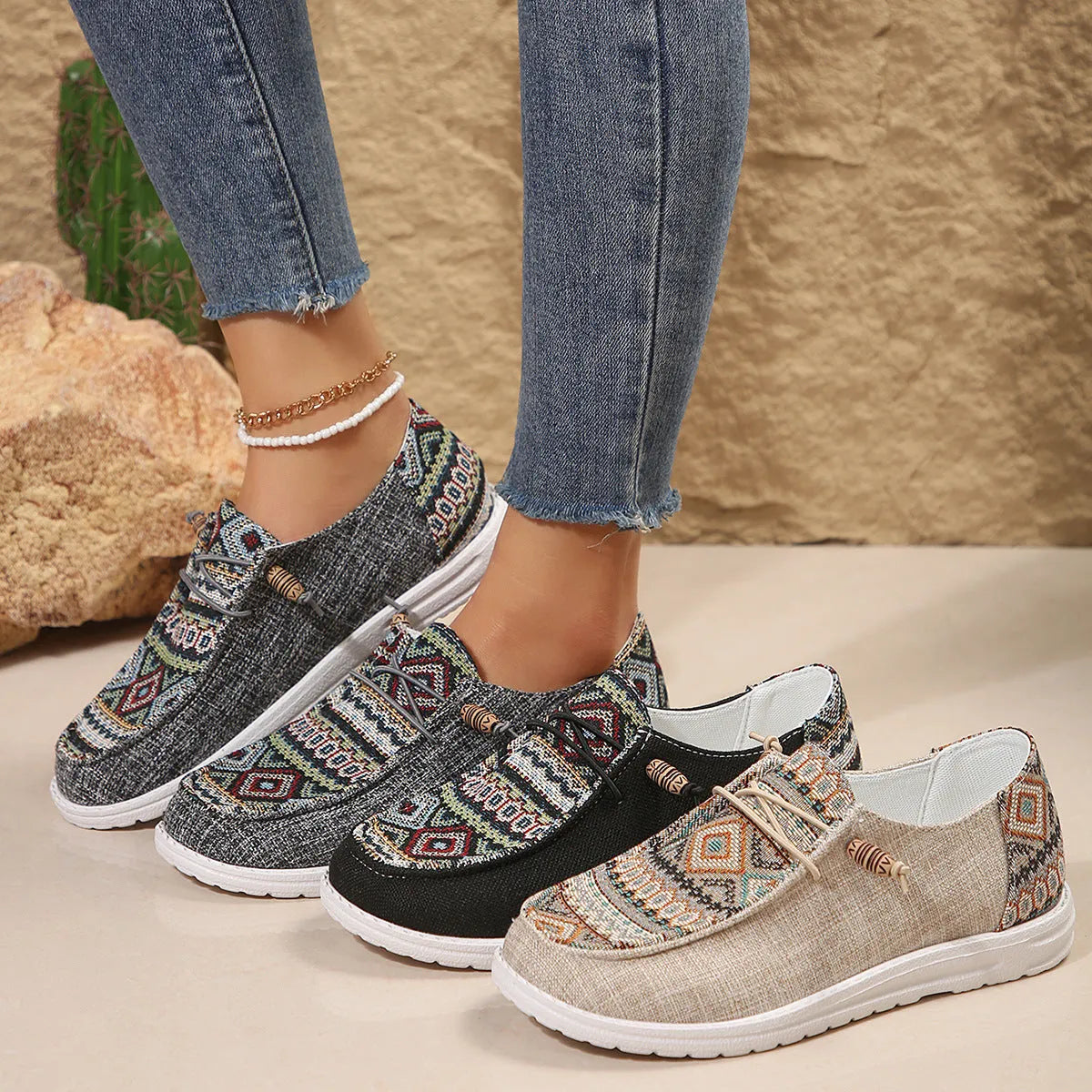 Women's flat round toe low-top shoe in artificial PU, available in black, dark grey, and khaki.