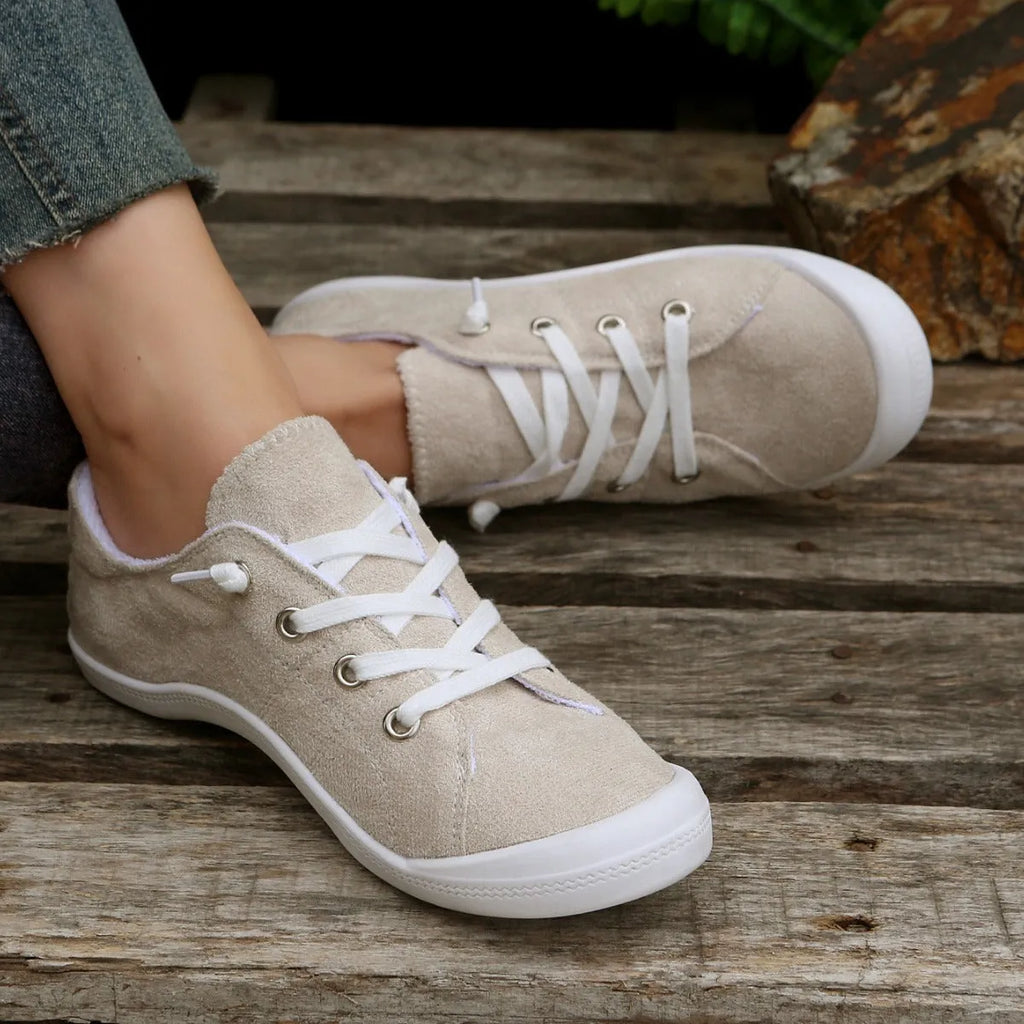 Women's beige fabric casual sneakers with low-top design and rubber sole