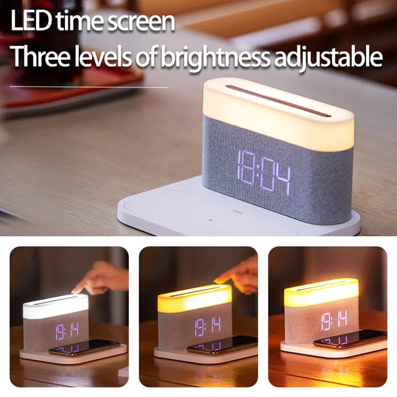 Black wireless charging bedside lamp with digital clock display and thermal cup functionality