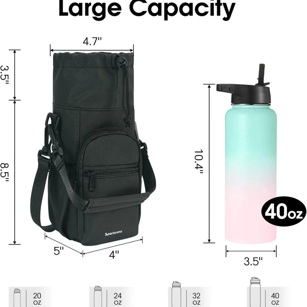 Cloth crossbody water bottle shoulder pouch in black, green, or pink.