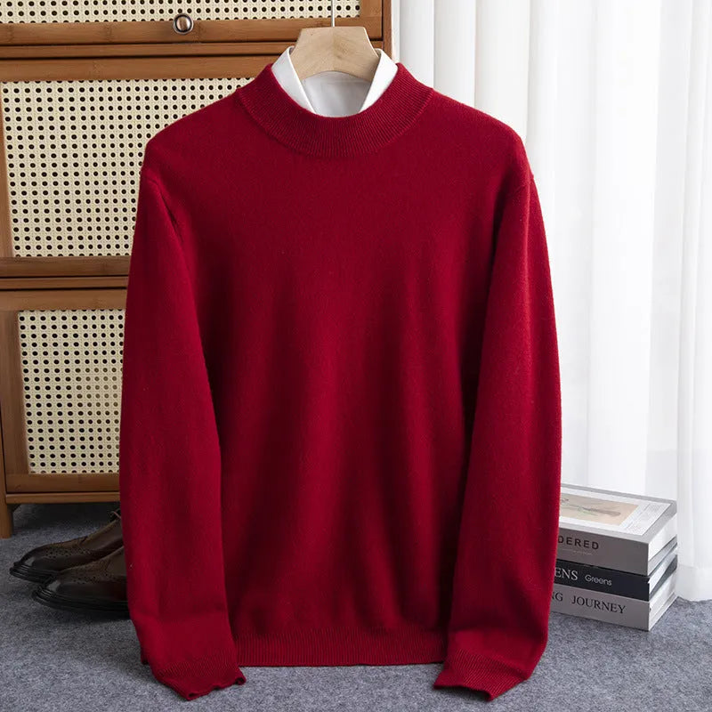 Men's half-collar wool sweater in coarse yarn knit, loose fit, shown in multiple colours